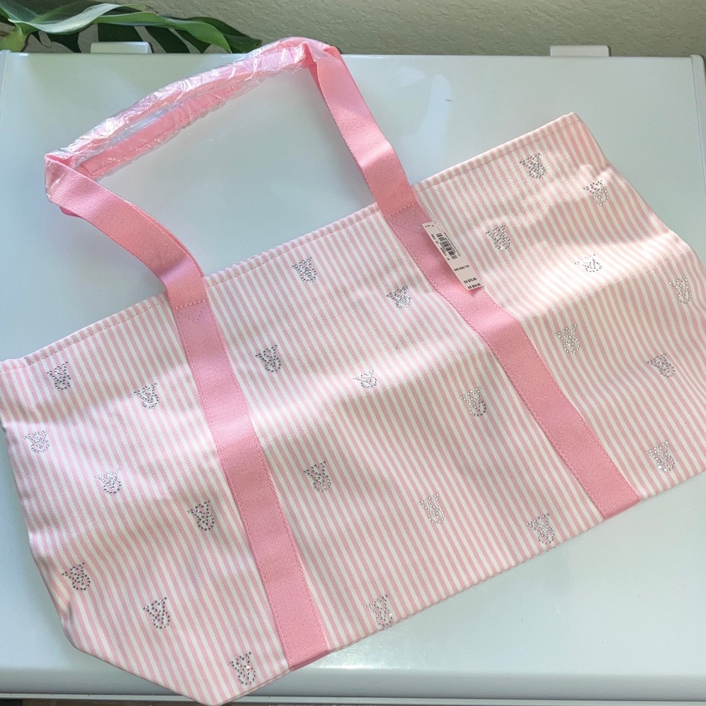 Victoria's Secret Heritage Pink & White Stripes Cotton Bling Accents Zipper Bag